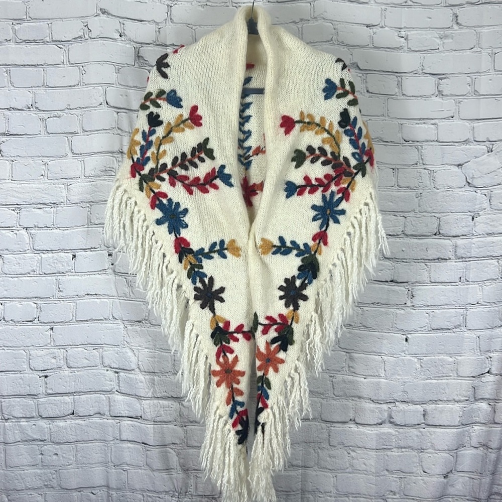 Hand Crafted Floral Embroidered Scarf - Cream, Red, Blue, Yellow